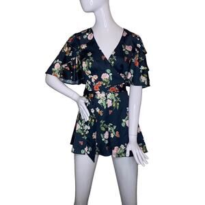 Keepsake Silky Romper Size S Blue Rosette Print Overlap Top Flowy Sleeves